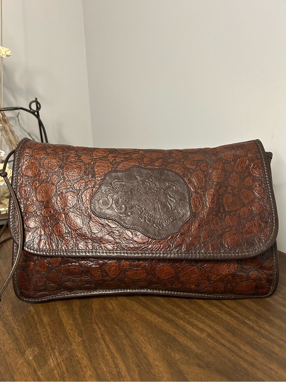 Vintage 1990s Carlos Falchi Embossed Leather Flap Shoulder Bag Clutch